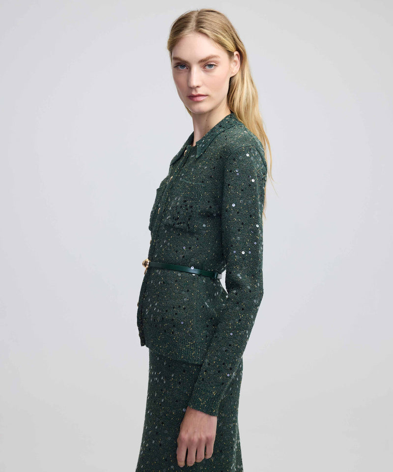 Ipekyol Sequin Embroidered Belted Knitwear Green