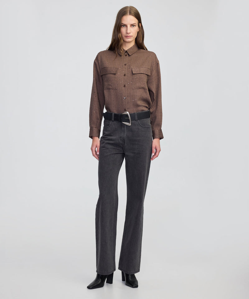 Ipekyol Sequin Embellished Striped Shirt Brown