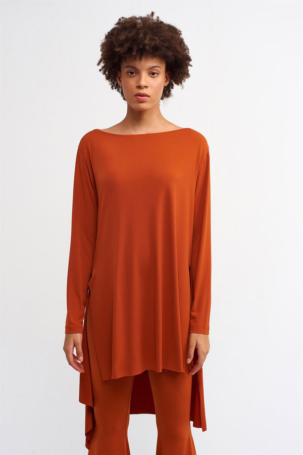 NU Asymmetrical Hem Blouse Terra Cotta