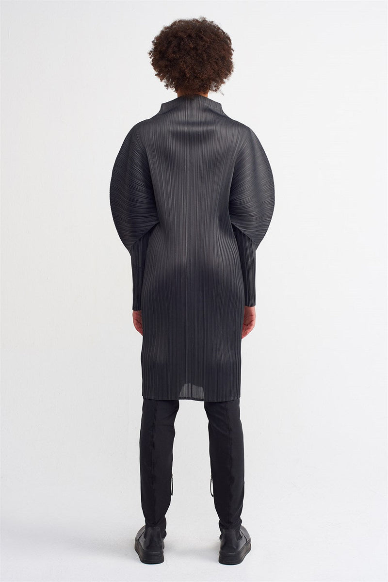 NU Detailed Sleeve Pleated Dress Ebony