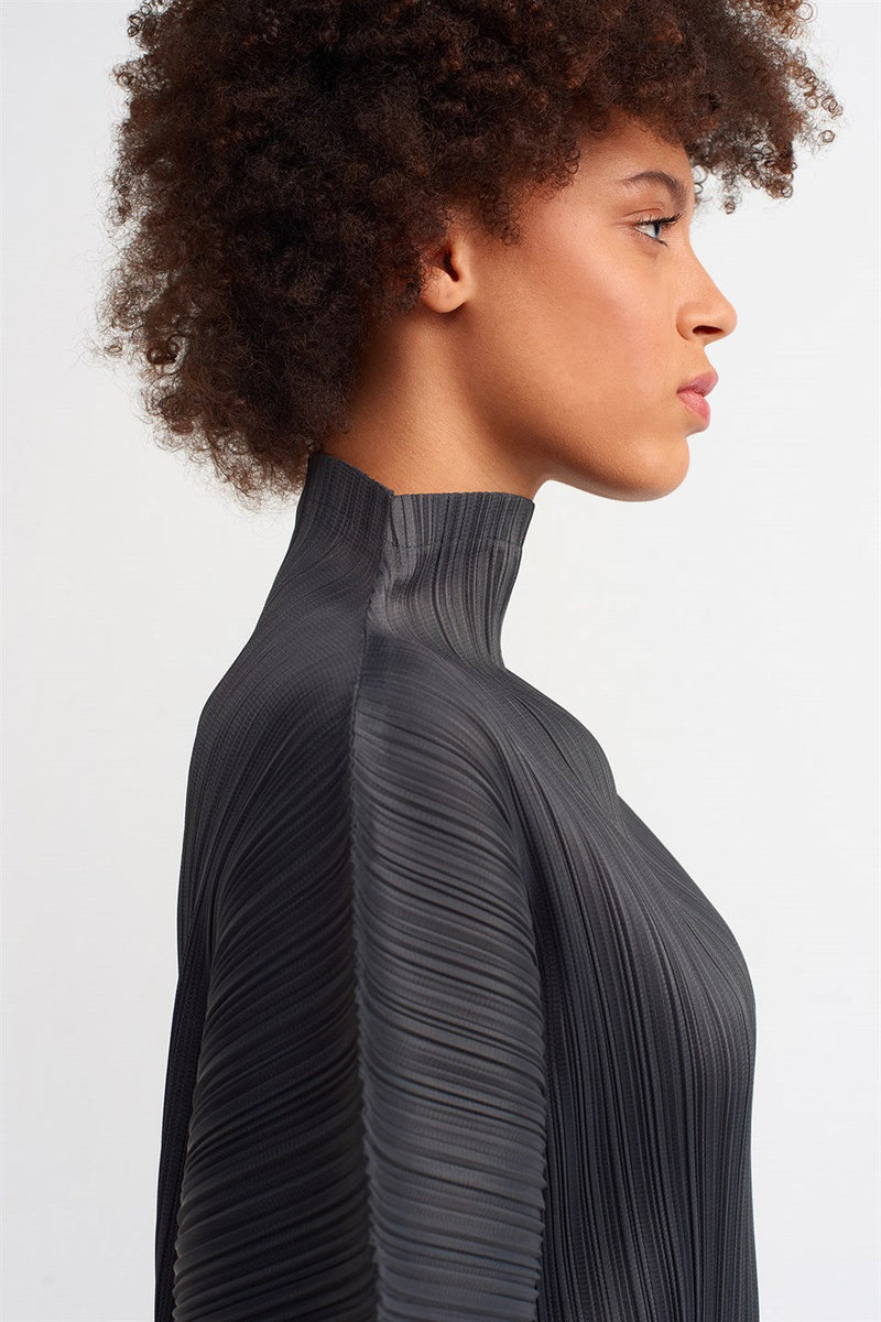NU Detailed Sleeve Pleated Dress Ebony