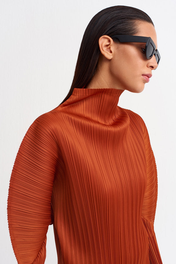 NU Detailed Sleeve Pleated Dress Terra Cotta