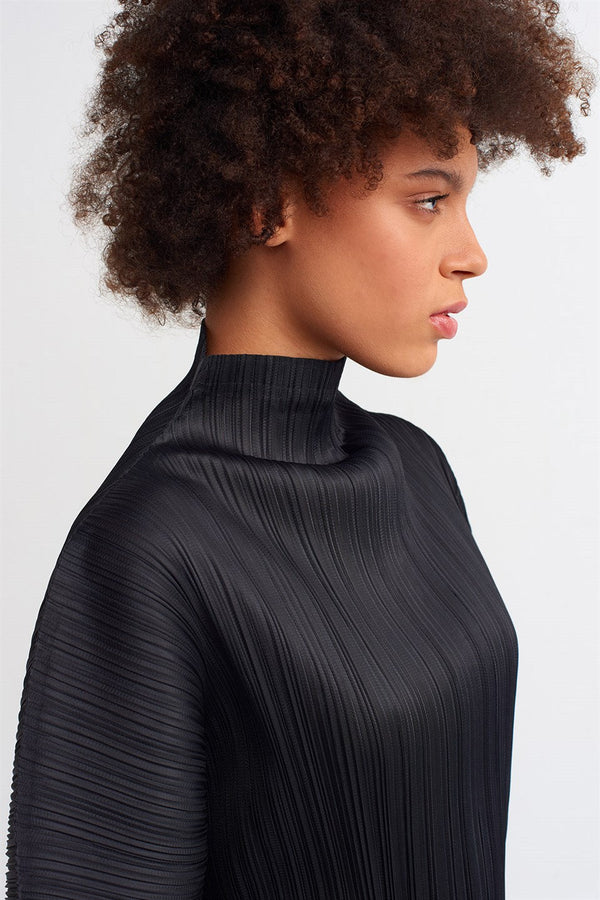 NU Detailed Sleeve Pleated Dress Black