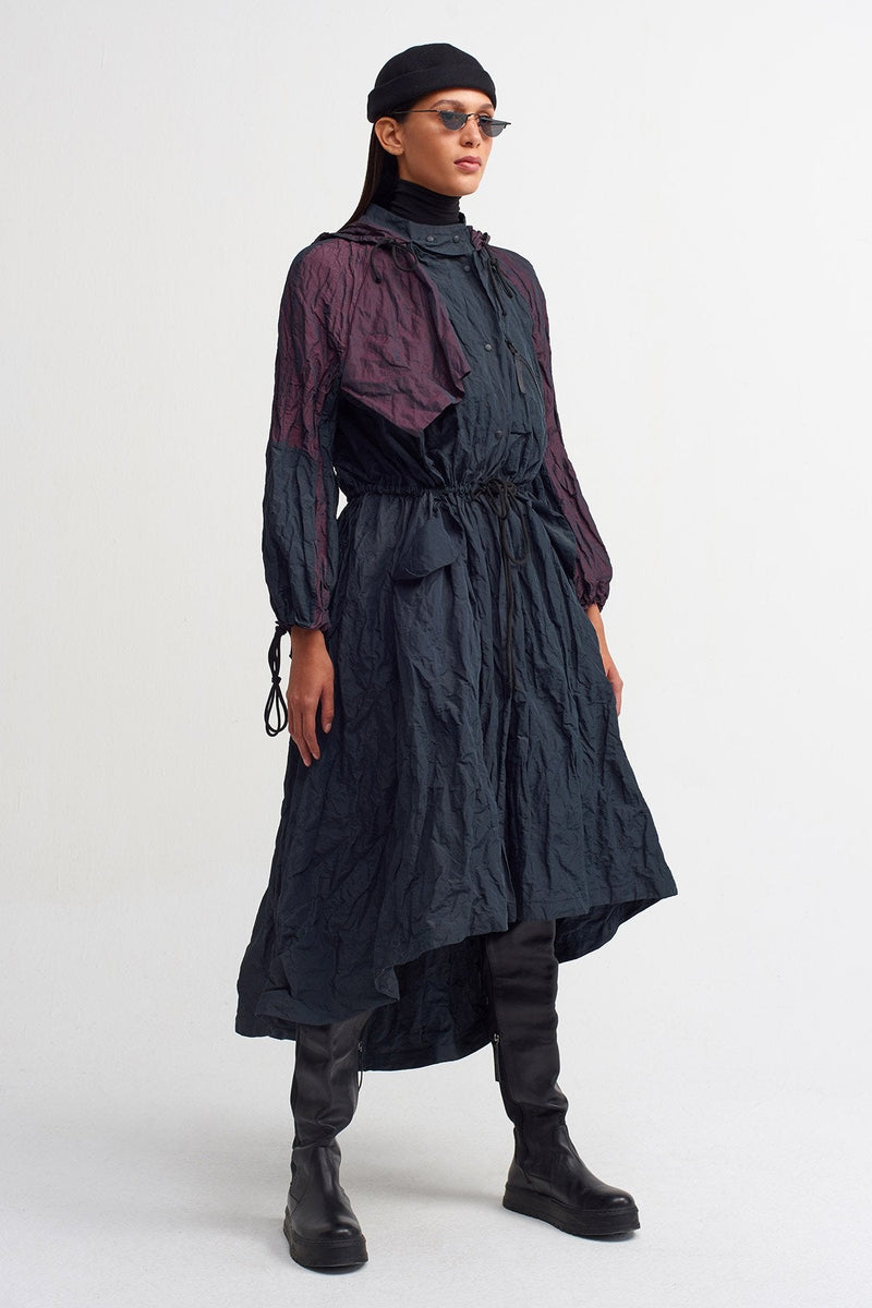 NU Colorblock Hooded Trench Coat  Plum/Black