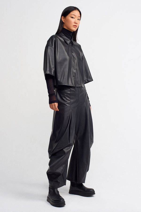 NU Solid Faux Leather Trendy Shirt Black
