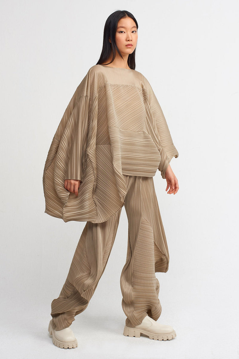 NU Electric Pleated Designer Yoked Blouse Bronze