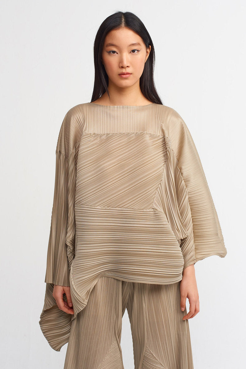 NU Electric Pleated Designer Yoked Blouse Bronze