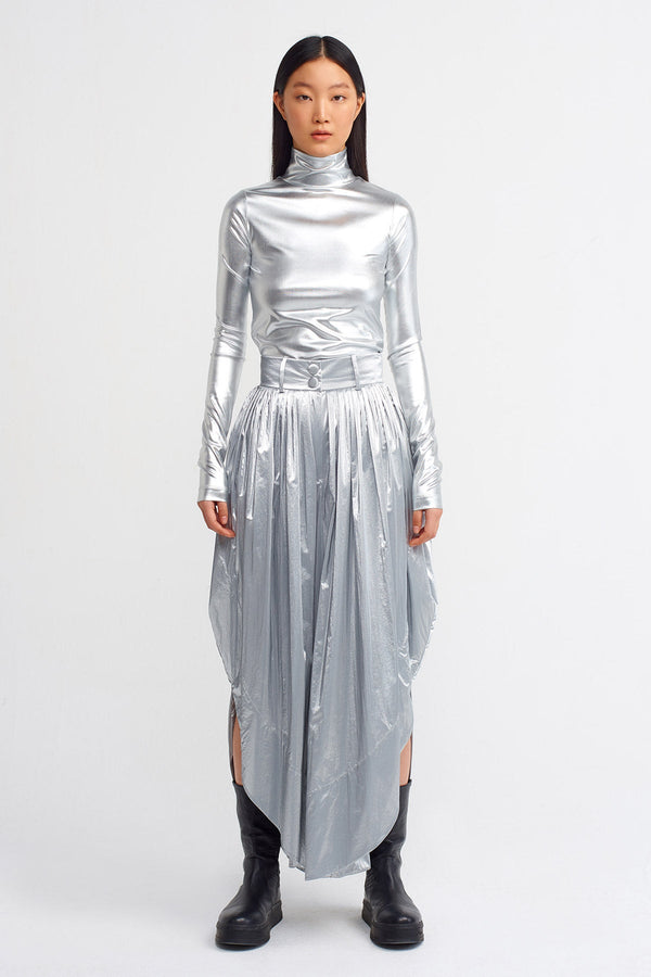 NU Pleated Shiny Pants With Side Slit Platinum