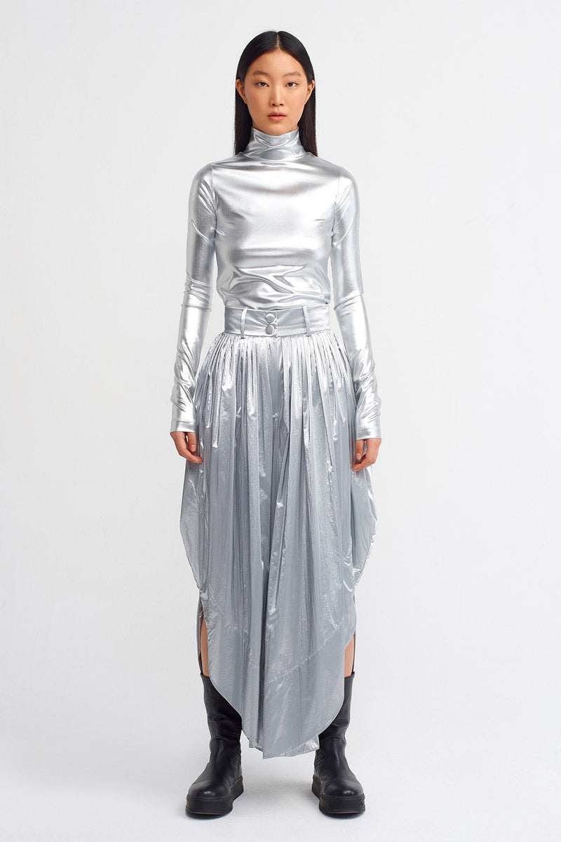 NU Pleated Shiny Pants With Side Slit Platinum