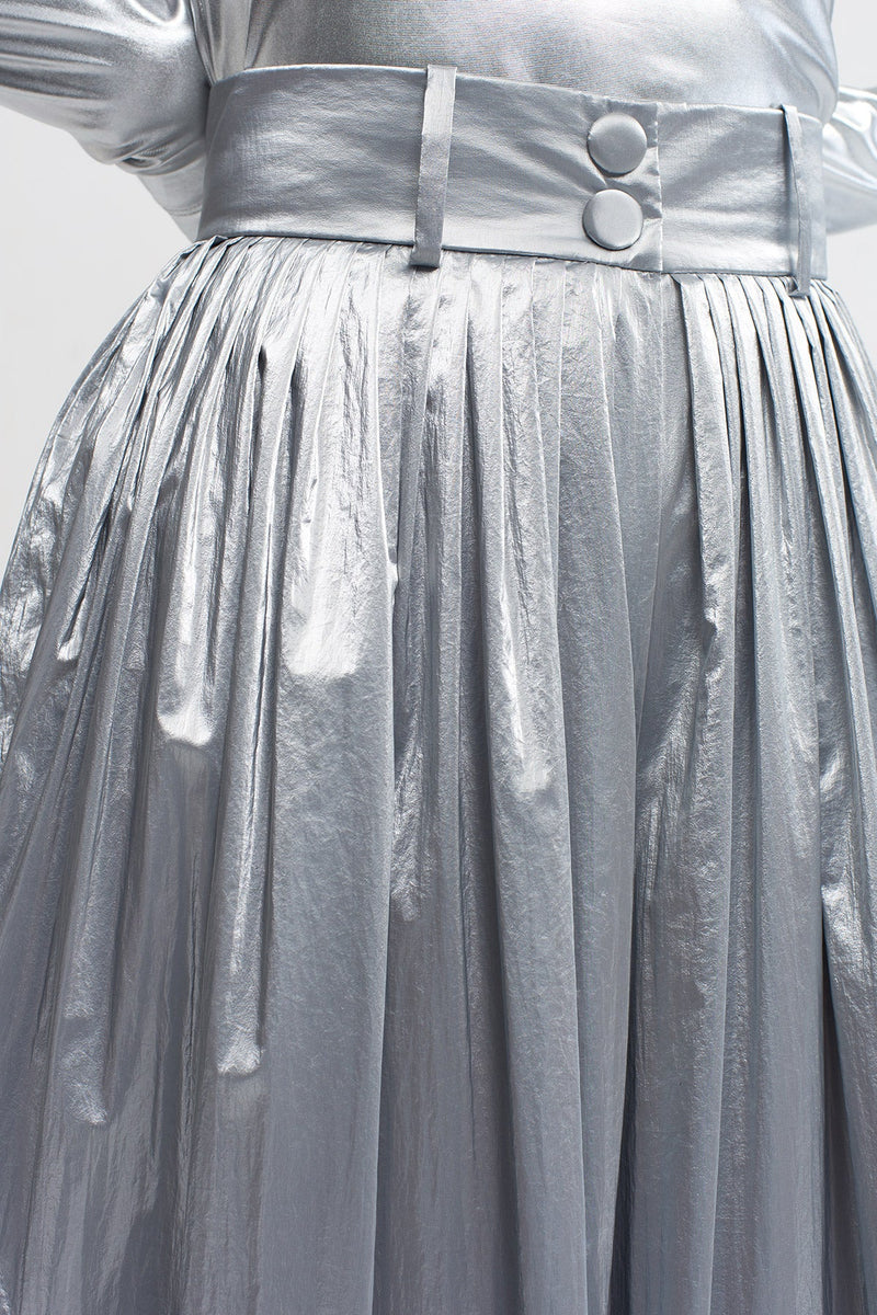 NU Pleated Shiny Pants With Side Slit Platinum