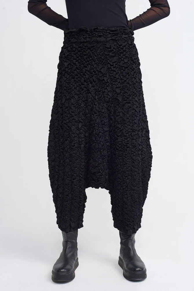 NU All Over Ruched Pattern Harem Pants Black