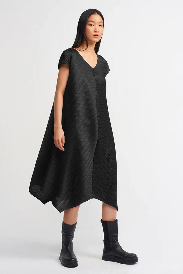 NU Electric Pleated Handkerchief Hem Dress Black