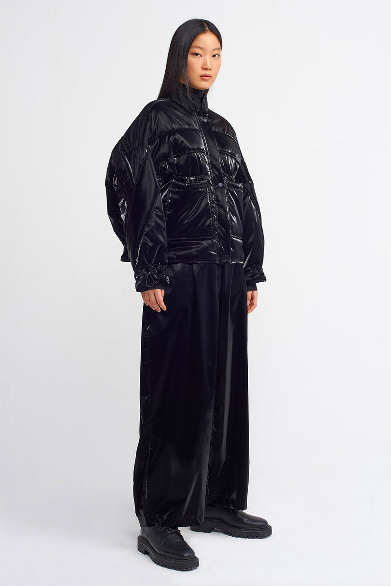 NU Quilted Seam Overlap Pocket Puffer Jacket Black