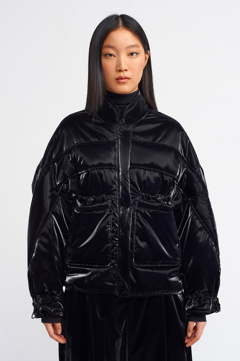NU Quilted Seam Overlap Pocket Puffer Jacket Black