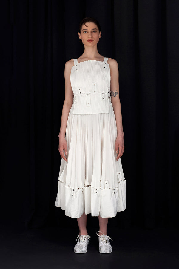 NU Snap Detailed Pleated Midi Skirt Off White