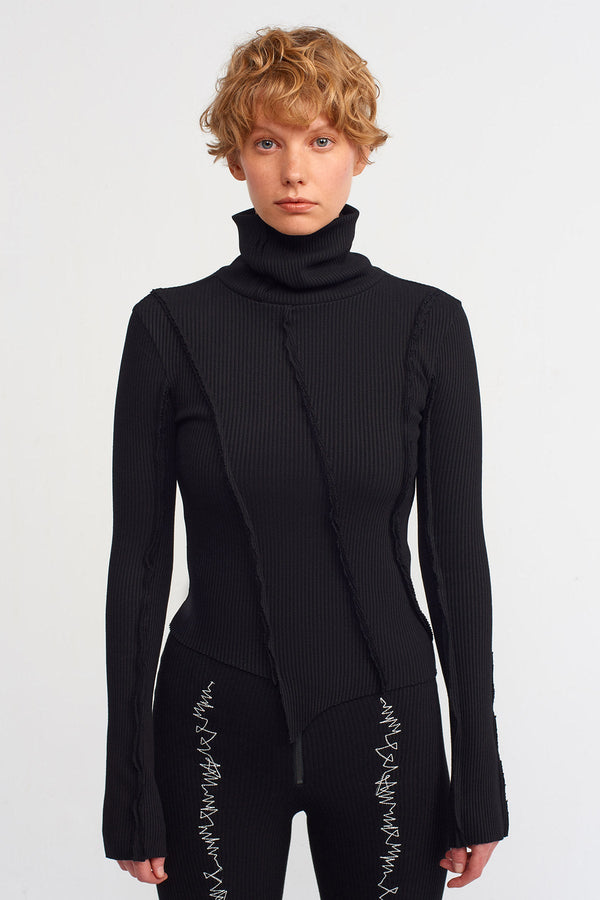 NU Asymmetrical Rib Collar Sweater Black