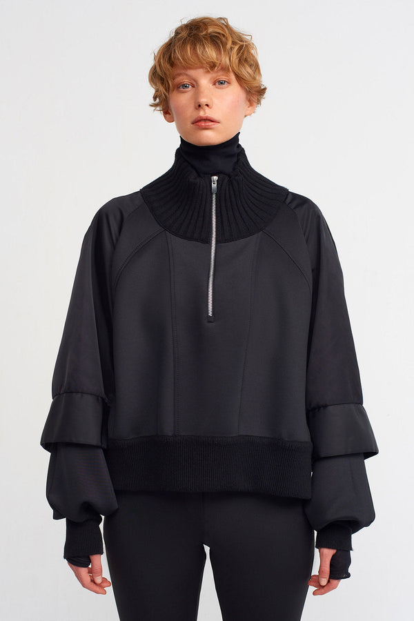 NU Zipper Detailed Stylish Sweatshirt Black
