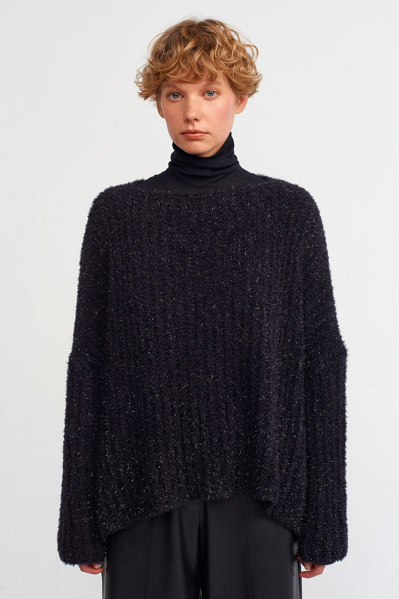 NU Wide Collar Shiny Thread Detailed Sweater Black