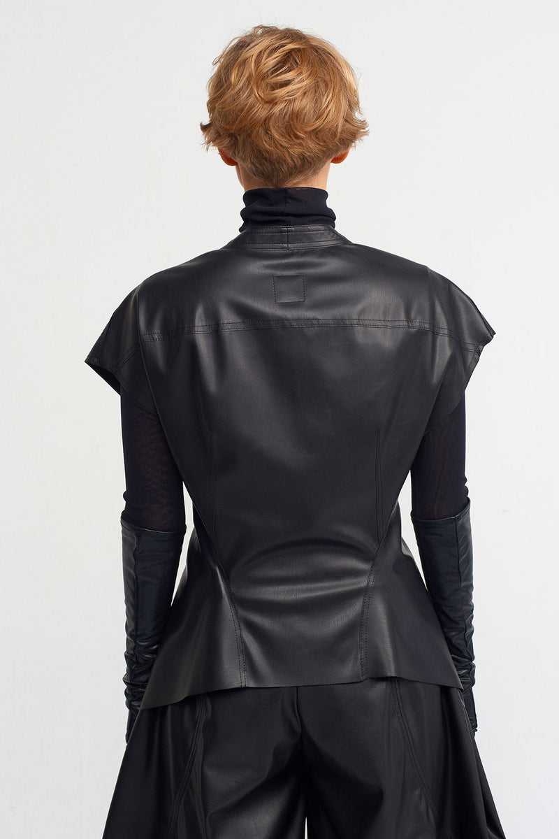 NU V-Neck Leather Look Blouse Black