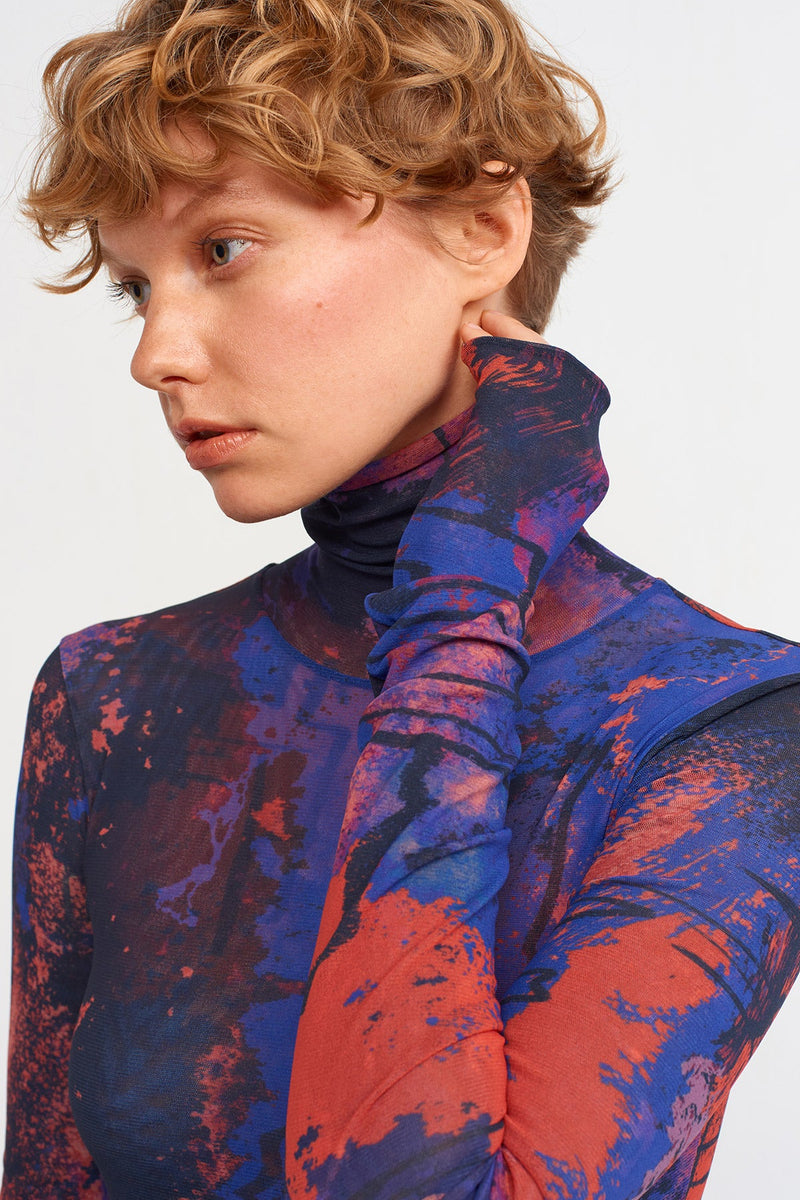 NU Printed Turtleneck Mesh Bodysuit Red