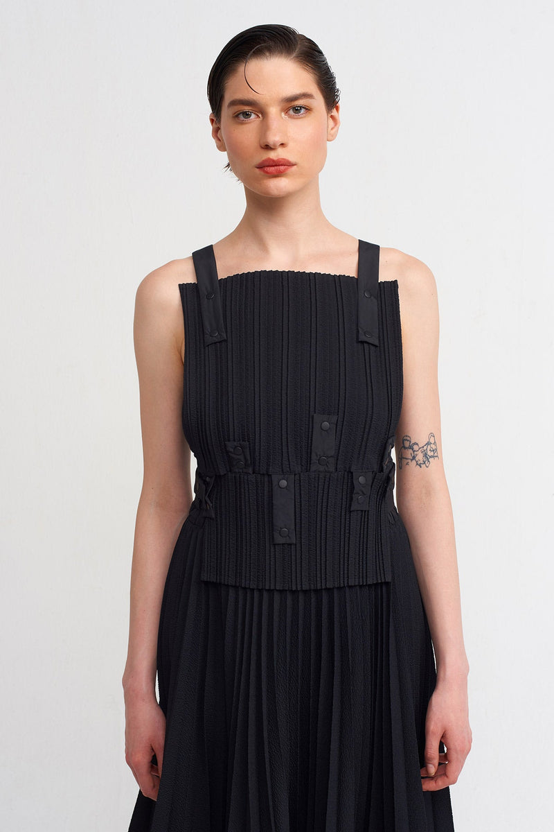 NU Snap Button Pleated Blouse Black
