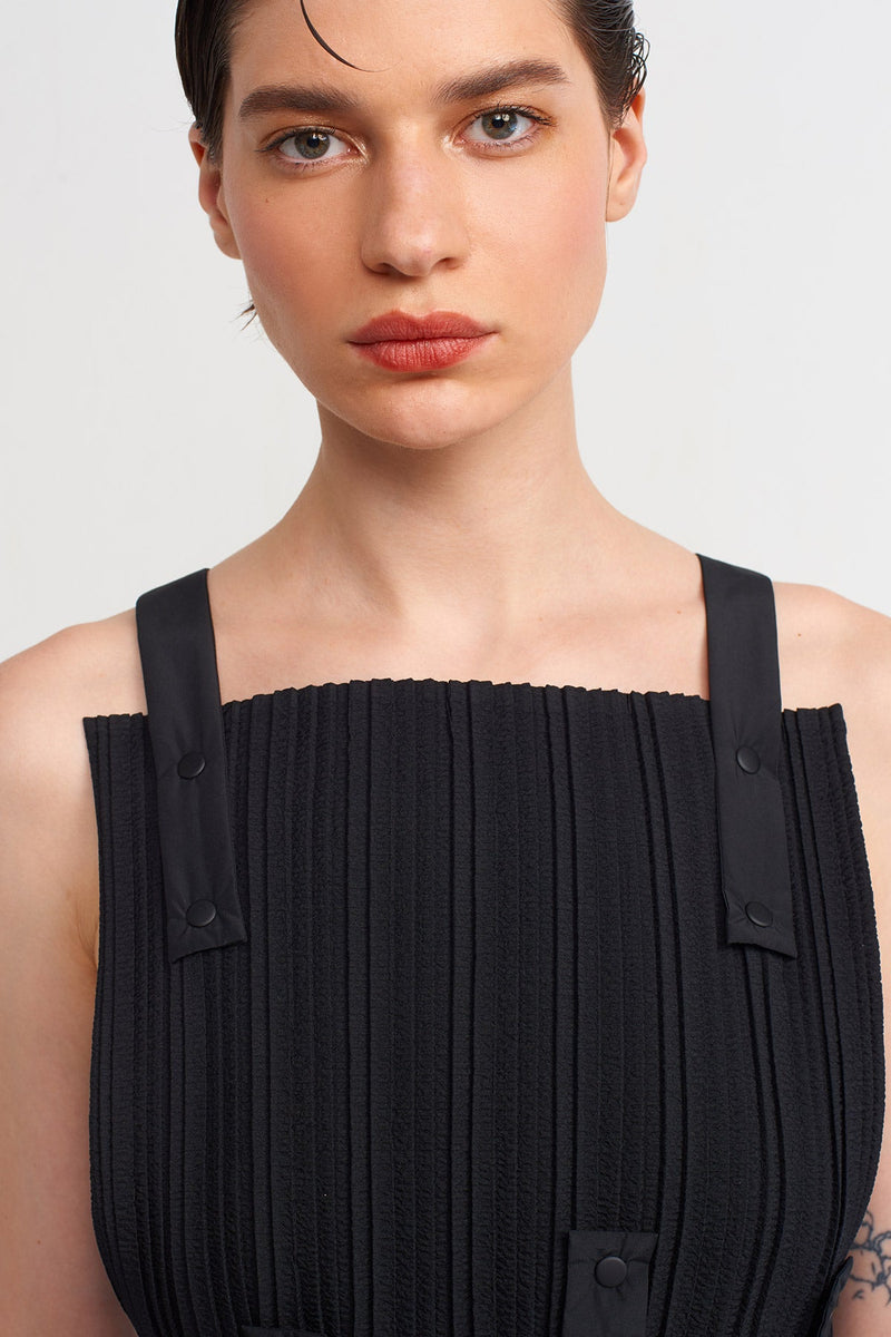 NU Snap Button Pleated Blouse Black