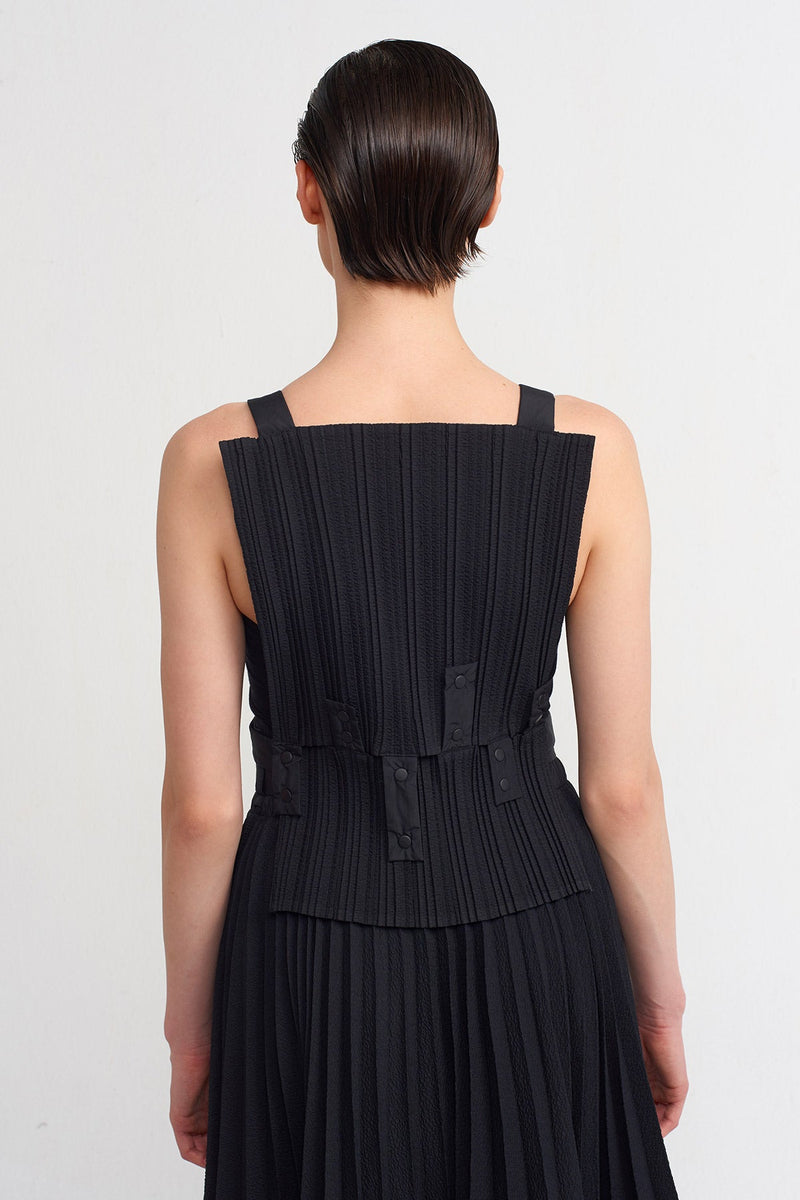 NU Snap Button Pleated Blouse Black