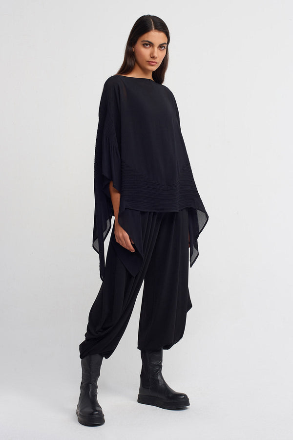 NU Jacquard Pleated Boat Neck Blouse Black