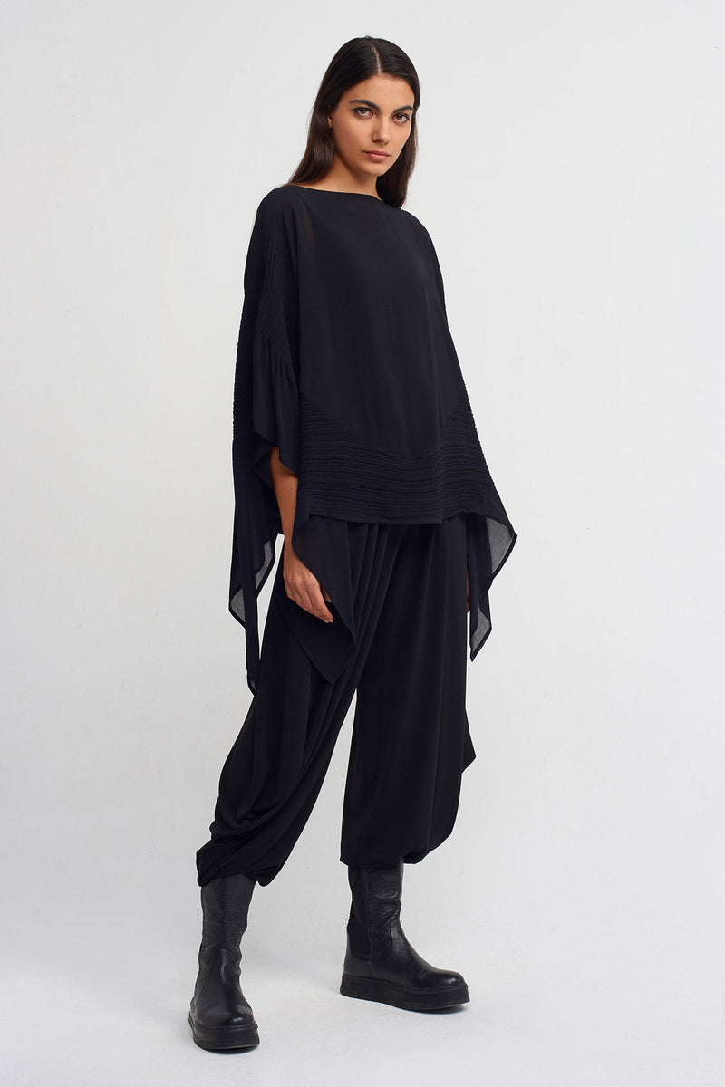 NU Jacquard Pleated Boat Neck Blouse Black