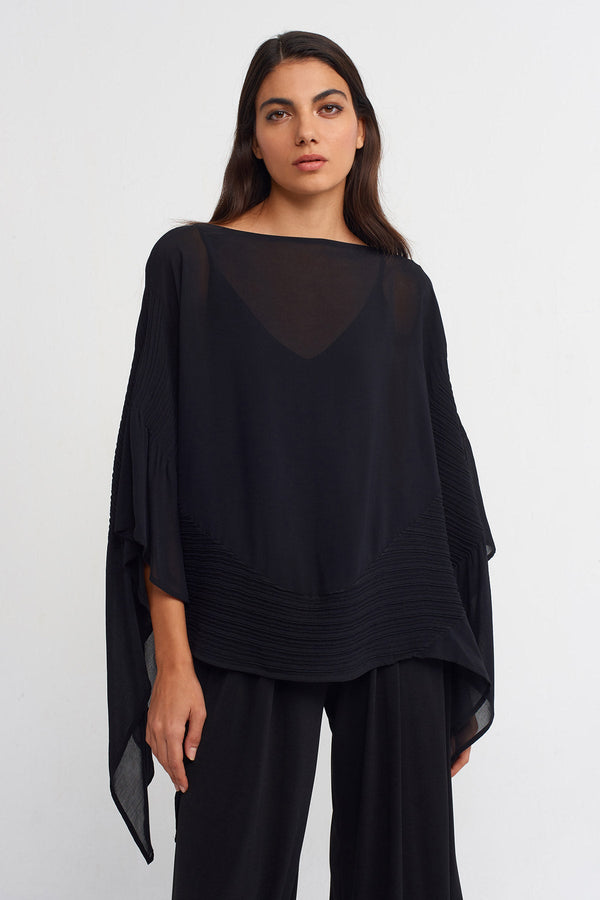 NU Jacquard Pleated Boat Neck Blouse Black