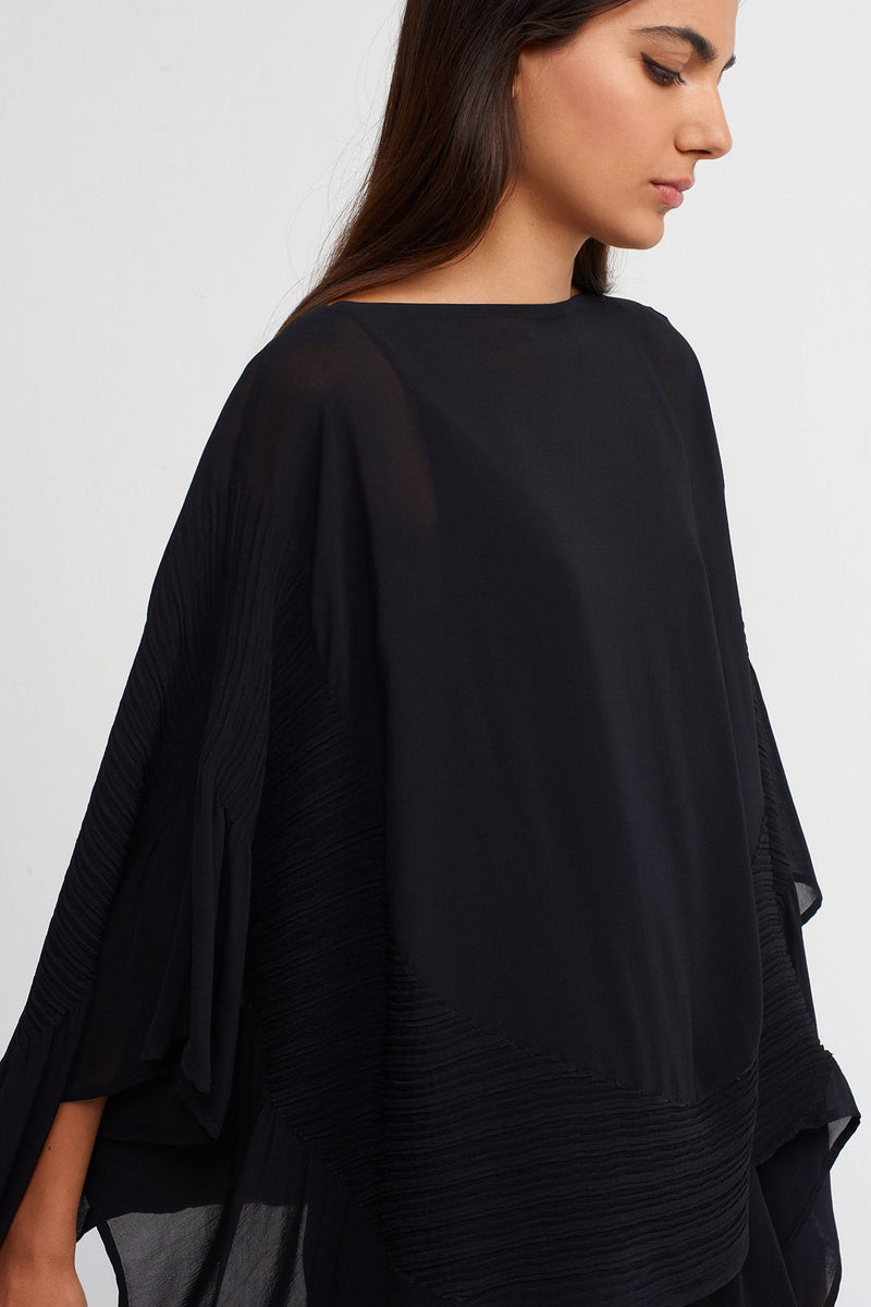 NU Jacquard Pleated Boat Neck Blouse Black