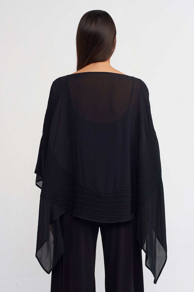 NU Jacquard Pleated Boat Neck Blouse Black
