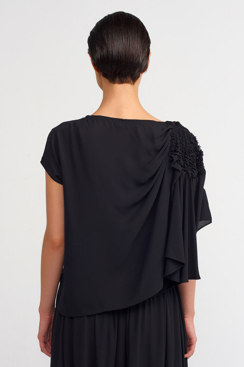 NU Elastic Gathered Sleeve Stylish Blouse  Black