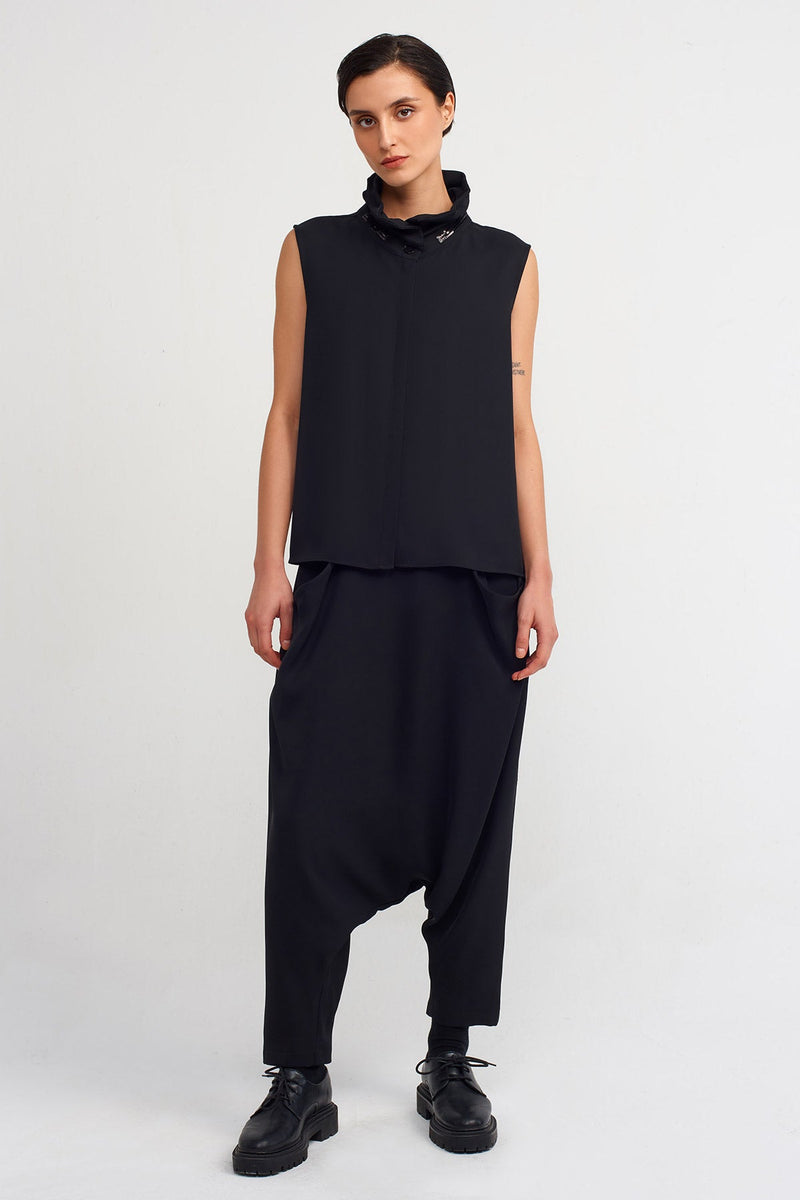 NU Straight Collar Sleeveless Chic Blouse  Black
