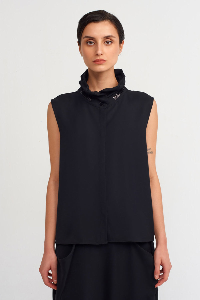 NU Straight Collar Sleeveless Chic Blouse  Black