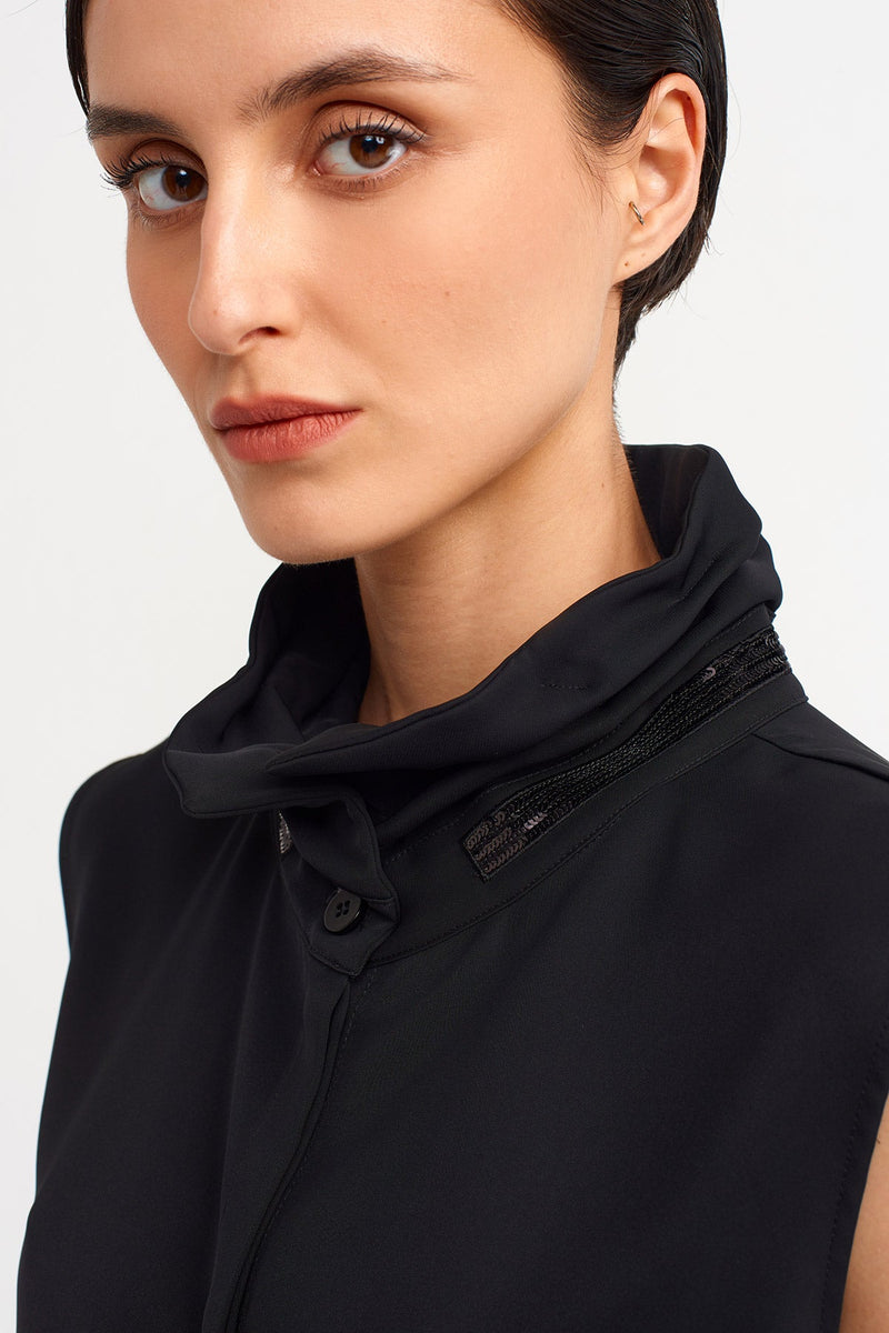NU Straight Collar Sleeveless Chic Blouse  Black