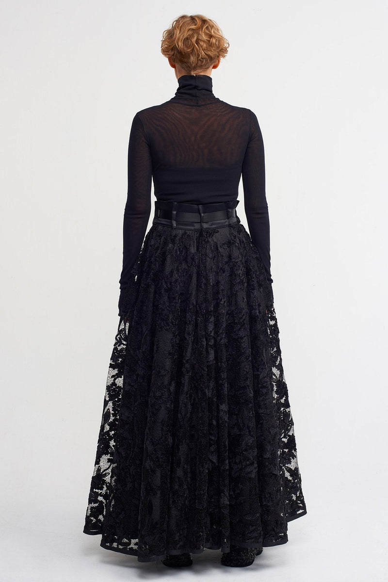 NU Lace Embroidered Long Skirt Black