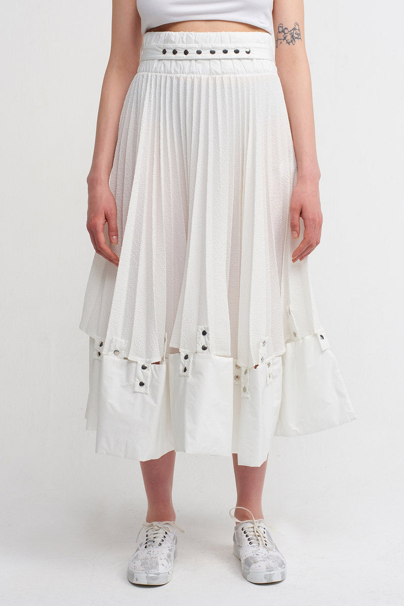 NU Snap Detailed Pleated Midi Skirt Off White