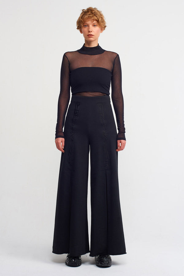 NU Embroidered Slit Detailed Trousers Black