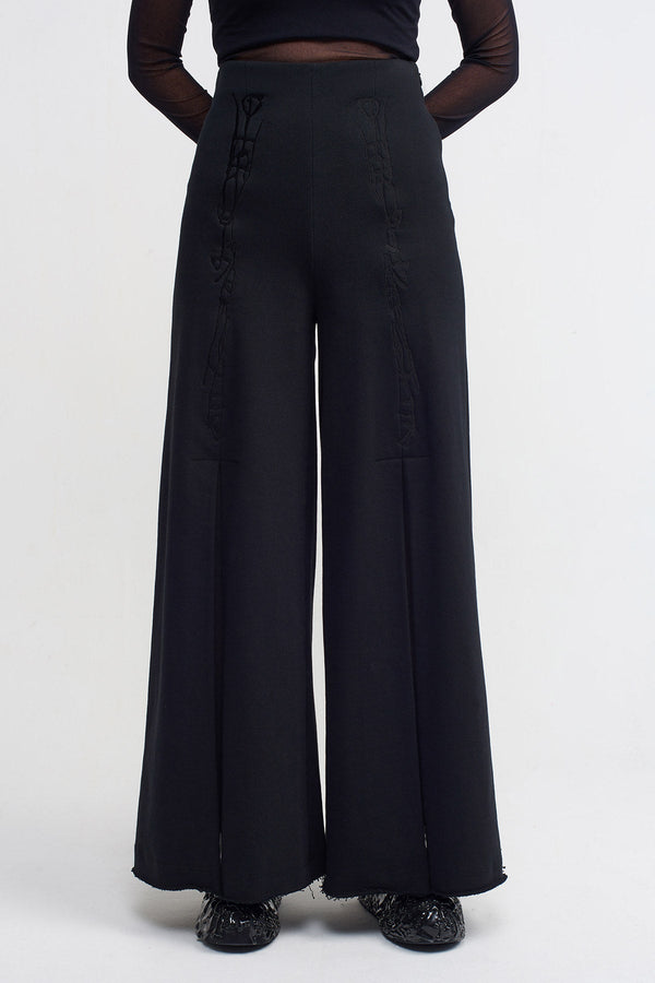 NU Embroidered Slit Detailed Trousers Black
