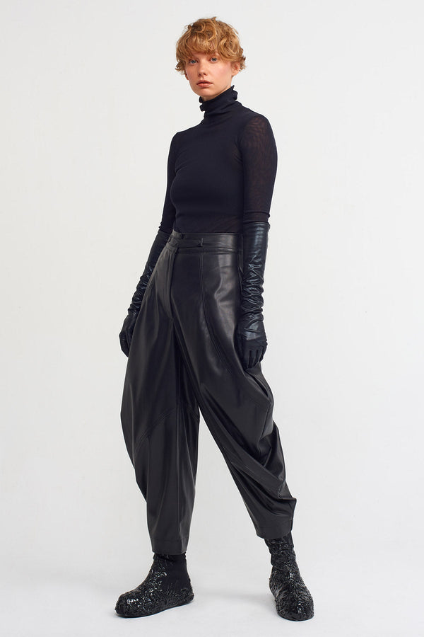 NU Vegan Leather Draped Trousers Black