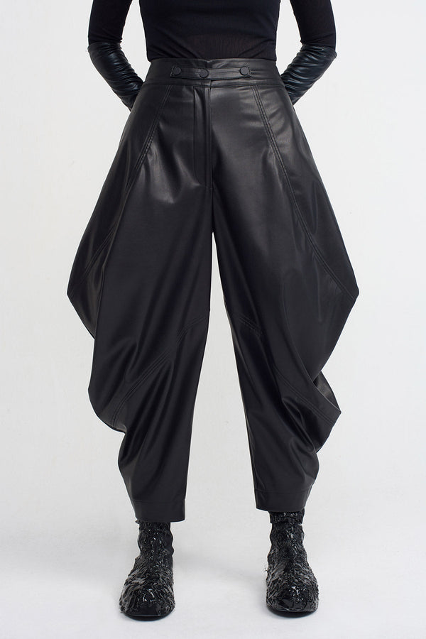 NU Vegan Leather Draped Trousers Black