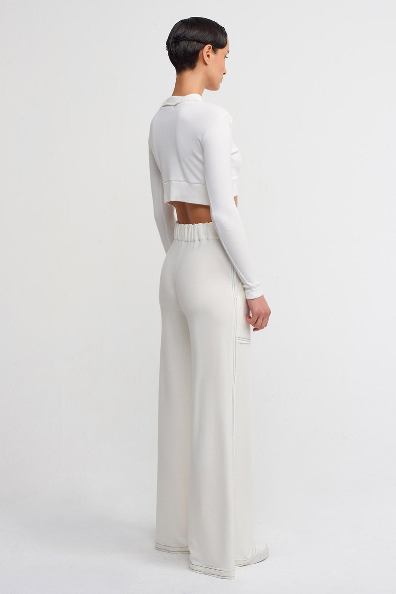 NU Contrast Stitched Detail Wide-Leg Trousers Off White/Black