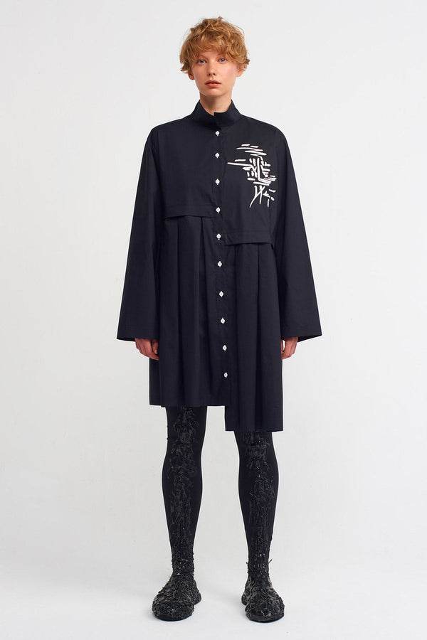 NU Embroidered Pleated Shirt Dress Black/Offwhite