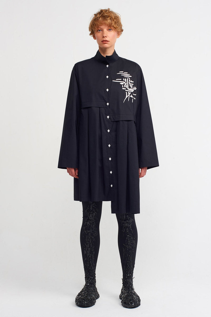 NU Embroidered Pleated Shirt Dress Black/Offwhite