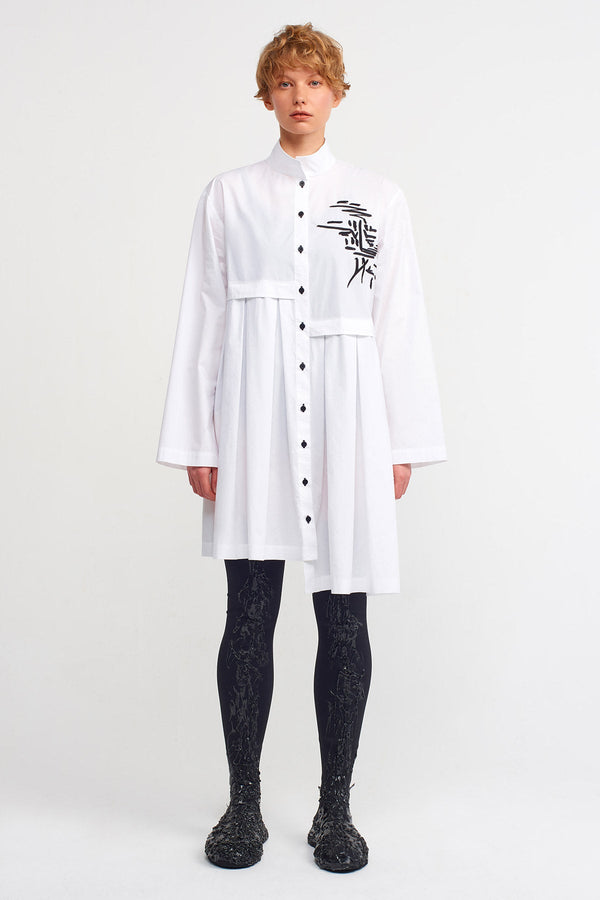 NU Embroidered Pleated Shirt Dress Off White/Black