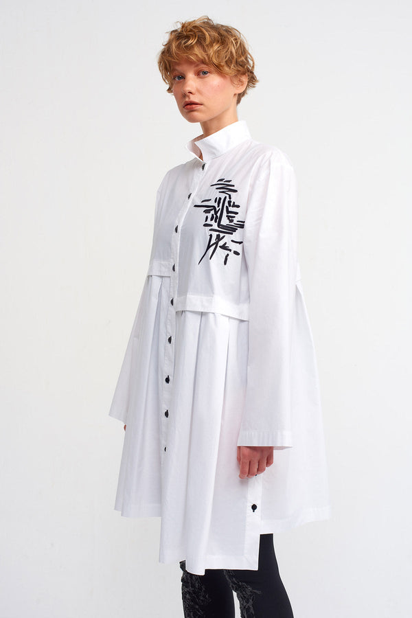 NU Embroidered Pleated Shirt Dress Off White/Black