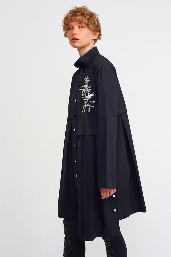 NU Embroidered Pleated Shirt Dress Black/Offwhite
