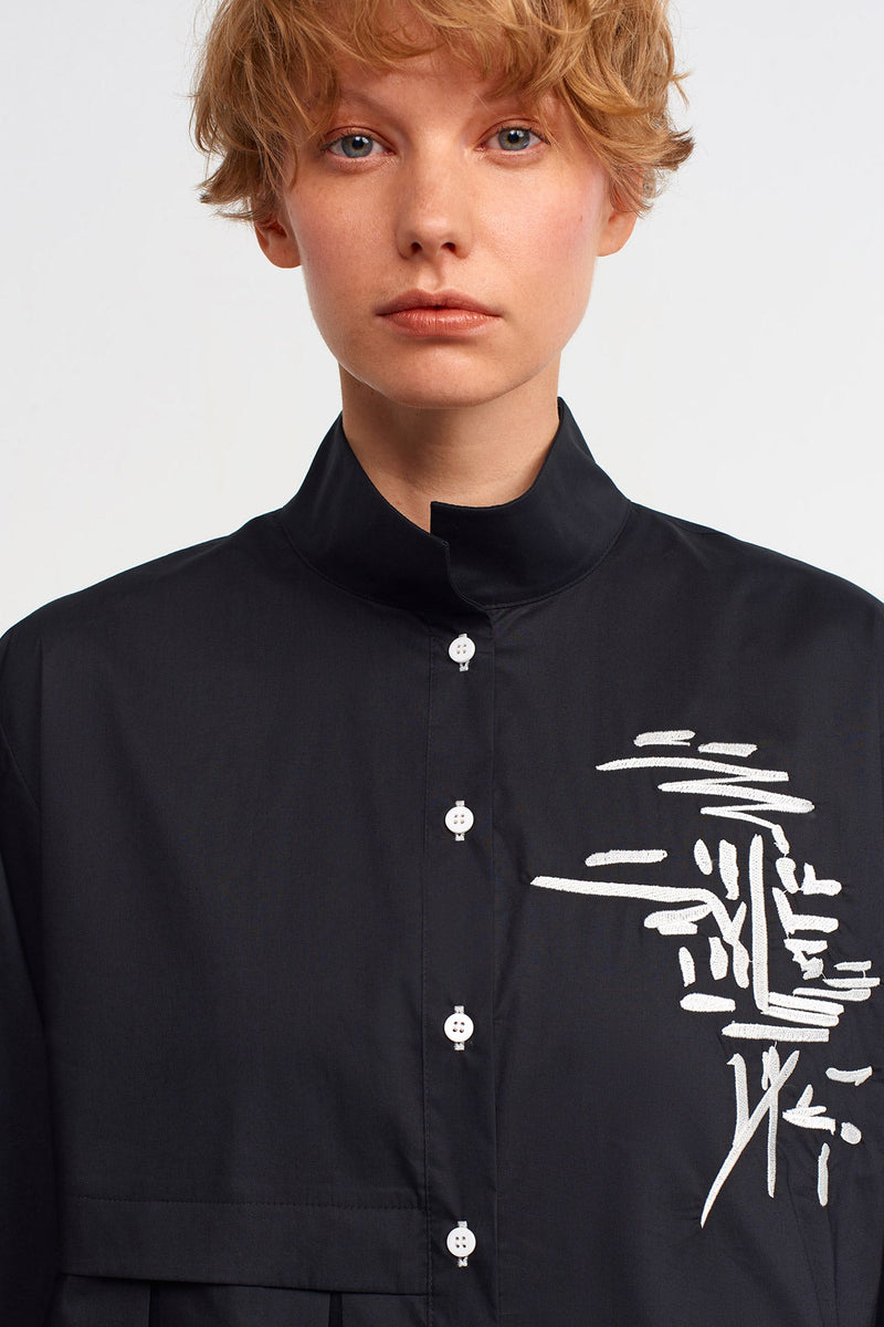 NU Embroidered Pleated Shirt Dress Black/Offwhite
