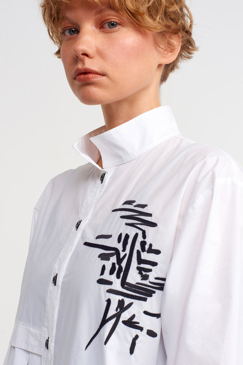 NU Embroidered Pleated Shirt Dress Off White/Black
